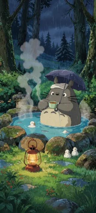 Totoro's Rainy Hot Spring phone wallpaper