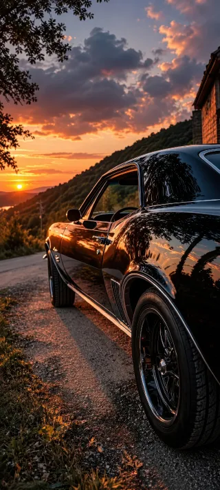 Black Mustang at Sunset phone wallpaper