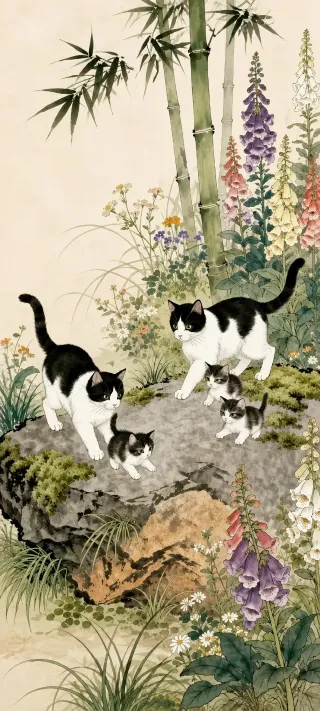 Cats Among Bamboo phone wallpaper