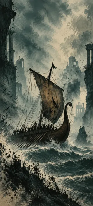 Viking Longship Through Ruins phone wallpaper