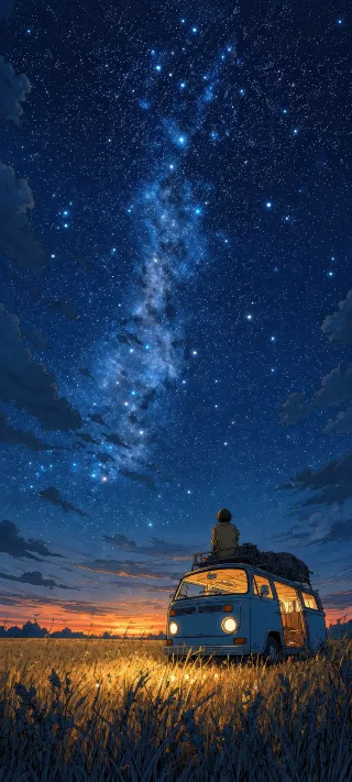 Traveler in a Blue Camper phone wallpaper