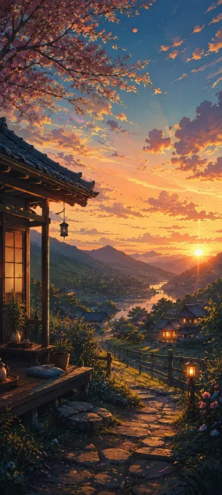 Lanterns Over a Japanese Village phone wallpaper