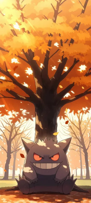Gengar Under Autumn Oak phone wallpaper