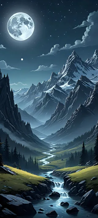 Moonlit Alpine Valley phone wallpaper