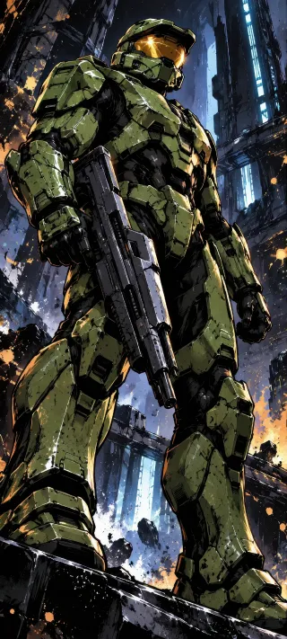 Master Chief in Ruins phone wallpaper