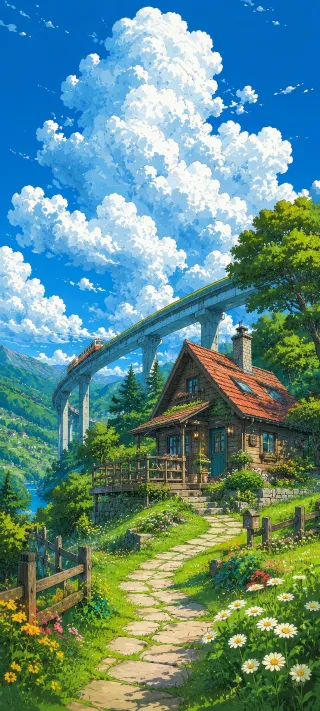 Cottage Under the Sky Bridge phone wallpaper