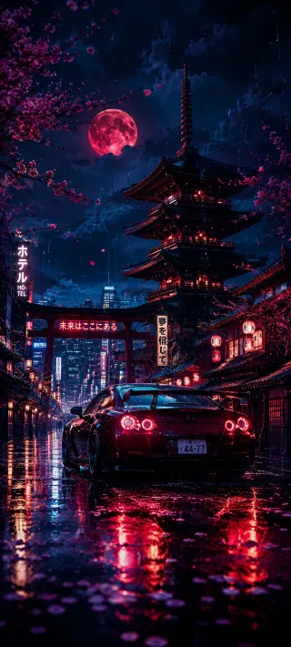 Neon Pagoda and Sports Car phone wallpaper