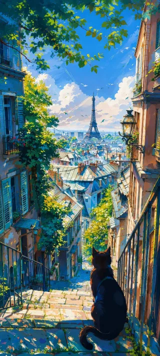 Cat Over Paris Rooftops phone wallpaper