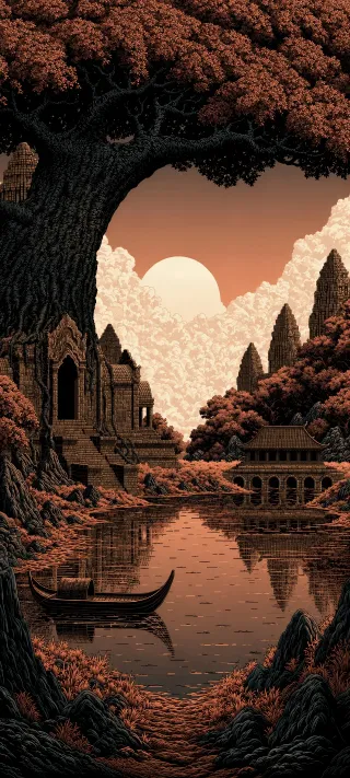 Temple by the Quiet River phone wallpaper