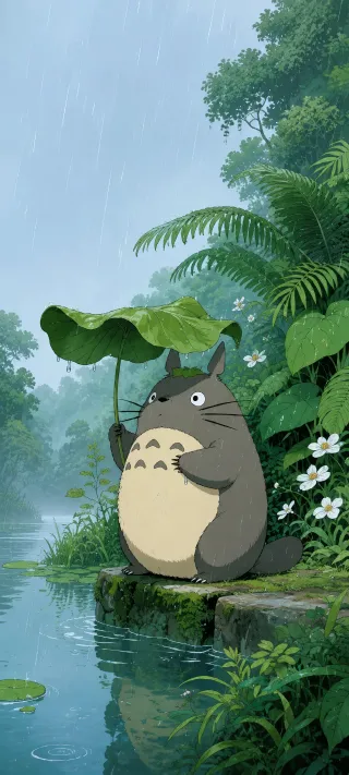 Totoro with a Lotus Leaf phone wallpaper