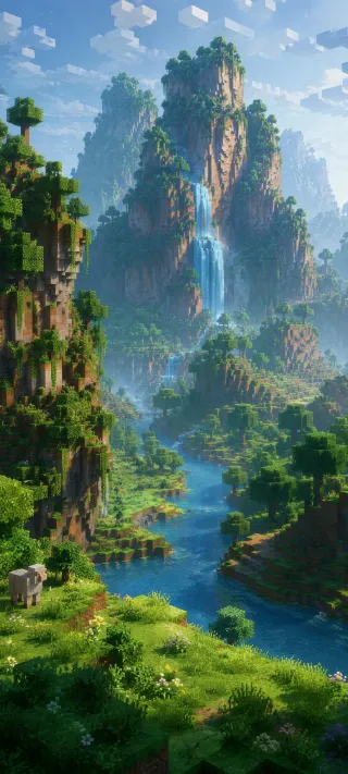 Minecraft Valley Waterfall phone wallpaper