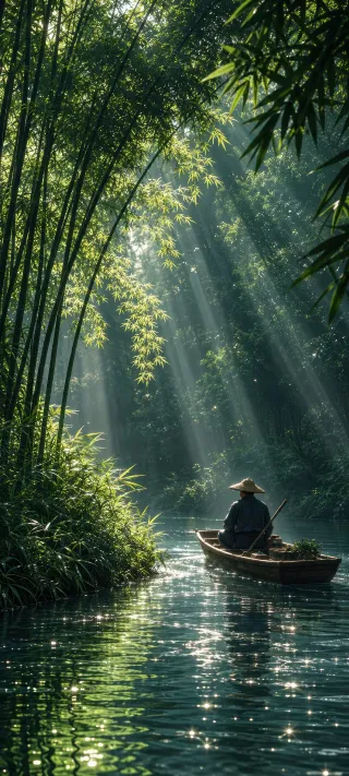 Boatman in Bamboo Grove phone wallpaper