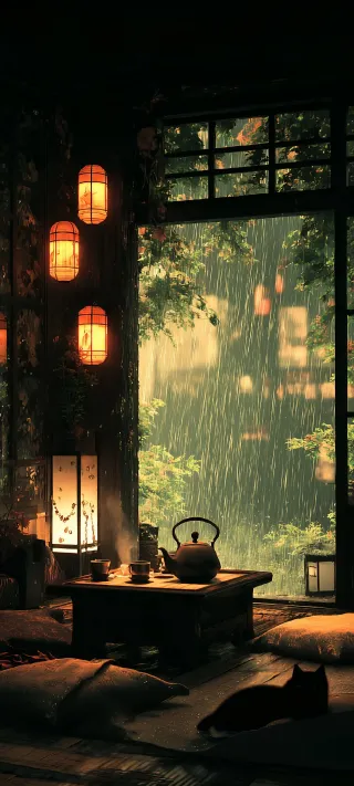 Rainy Tea Room phone wallpaper
