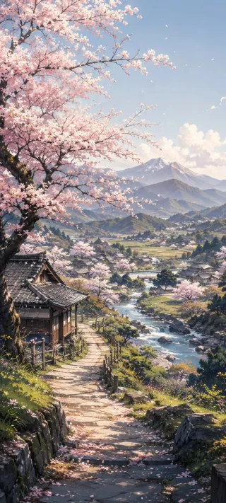 Cherry Blossom Village phone wallpaper