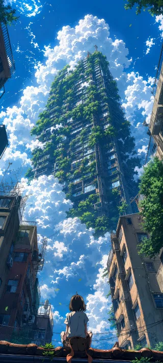 Girl Before the Verdant Tower phone wallpaper