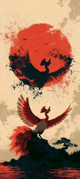 Ho-oh Over Red Sun phone wallpaper