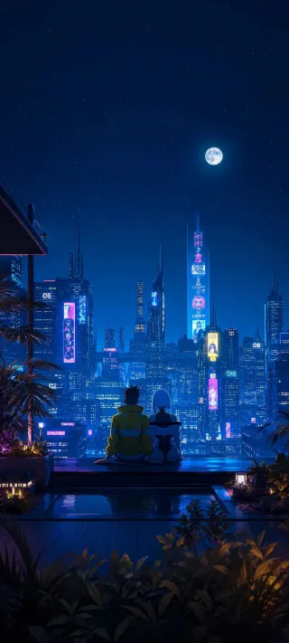 Two Figures Over Neon City phone wallpaper