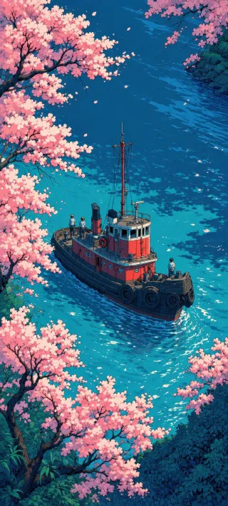 Cherry Blossom Tugboat phone wallpaper