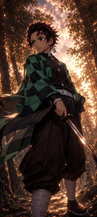 Tanjiro Among Autumn Trees phone wallpaper