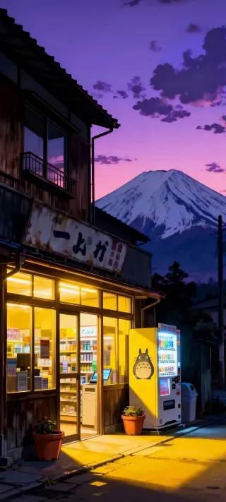 Twilight Convenience at Mount Fuji phone wallpaper