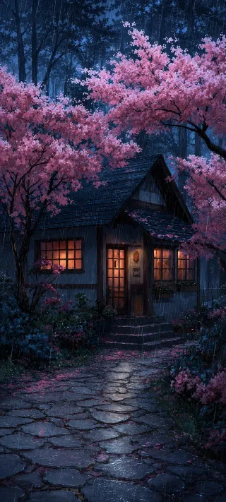 Cherry Cottage at Night phone wallpaper