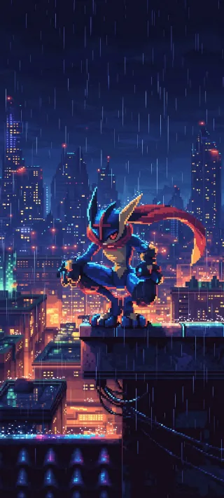 Greninja watching the City phone wallpaper