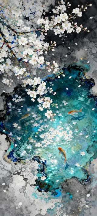 Koi Under Cherry Bloom phone wallpaper