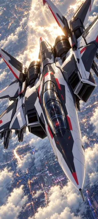 Futuristic Fighter Over City phone wallpaper
