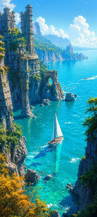 Sailboat by the Ruined Towers phone wallpaper