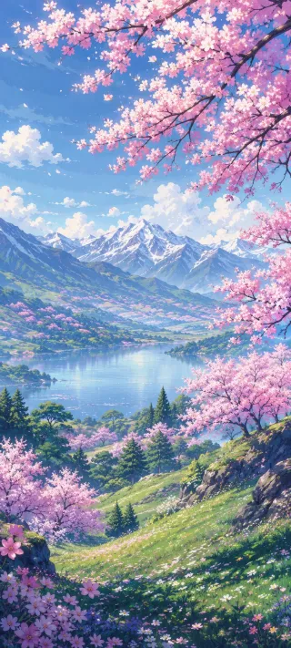 Cherry Blossoms Over Alpine Lake phone wallpaper