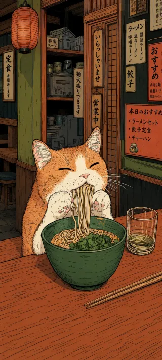Ramen Cat at Supper phone wallpaper