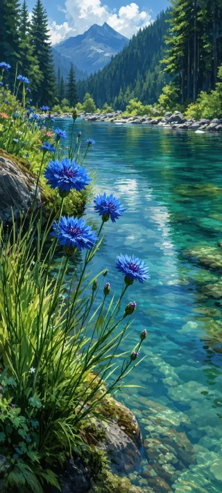 Blue Cornflowers by the River phone wallpaper