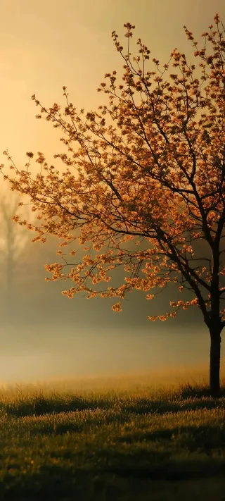Golden Sunrise Tree in Misty Field phone wallpaper