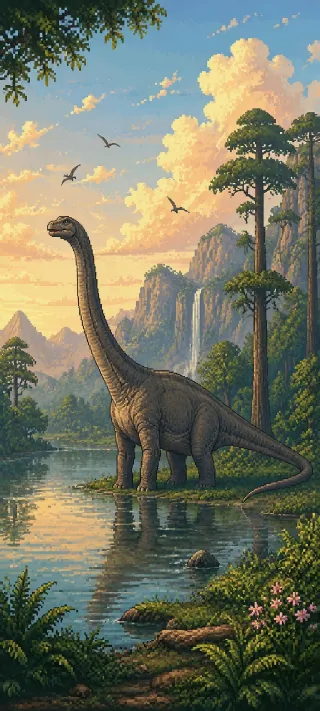 Brachiosaurus by the Waterfall Lake phone wallpaper