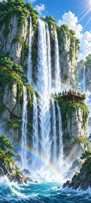 Cliffside Waterfall Terrace phone wallpaper