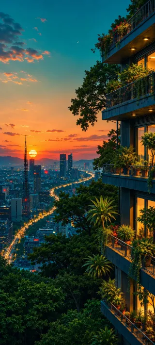 Sunset Over the City Balcony phone wallpaper