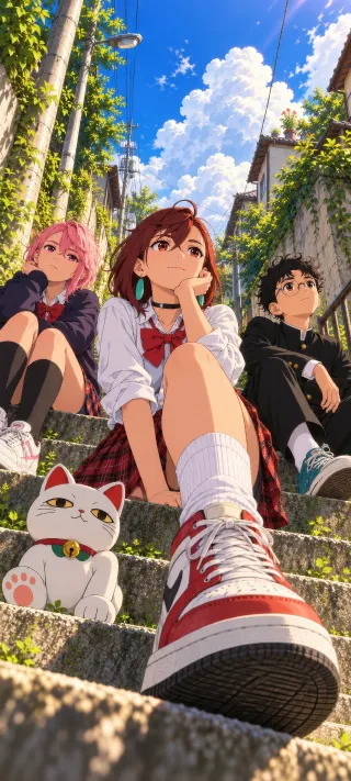 Three Students on Stone Steps phone wallpaper