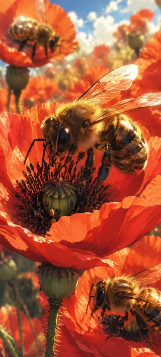 Honeybee Among Poppies phone wallpaper