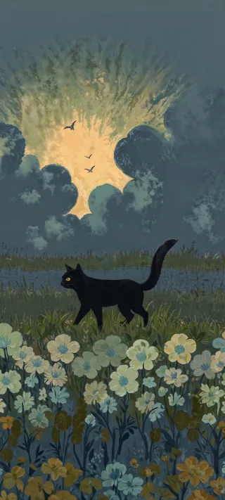 The Black Cat's Meadow Stroll phone wallpaper