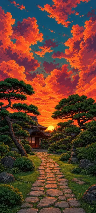 Sunset Garden Pavilion phone wallpaper