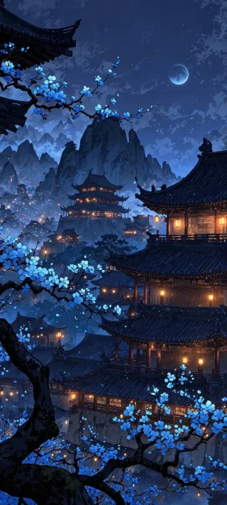 Blossoms Over Lantern Roofs phone wallpaper