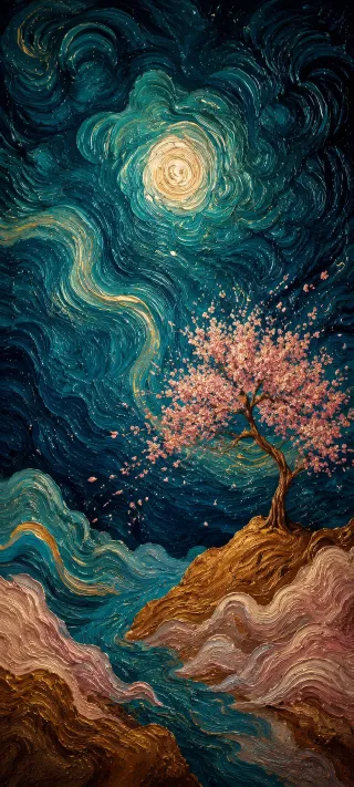 Sakura Tree Under Moonlight phone wallpaper