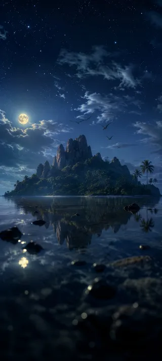 Moonlit Prehistoric Island Oasis phone wallpaper