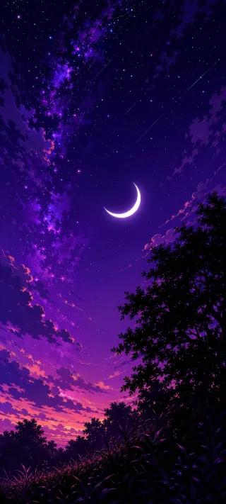 Crescent Moon Over Trees phone wallpaper