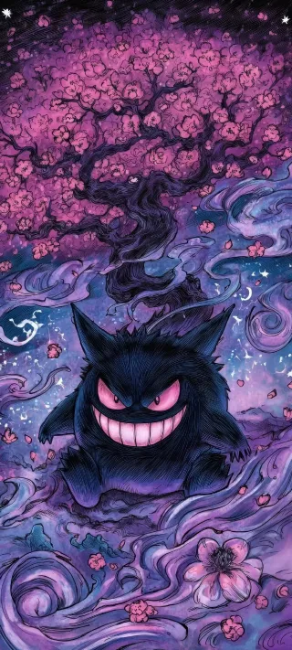 Gengar Among Cherry Blossoms phone wallpaper