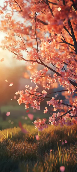 Falling Sakura Petals at Sunset phone wallpaper