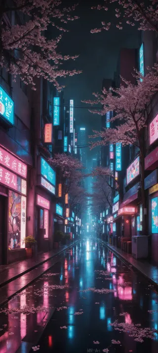 Neon Cherry Blossoms in Tokyo phone wallpaper