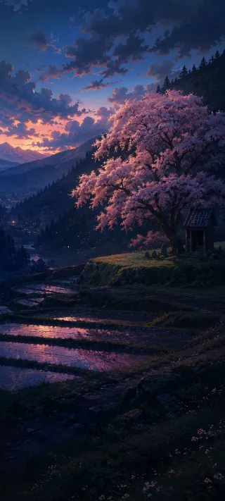 The Solitary Shrine Beneath the Pink Canopy phone wallpaper