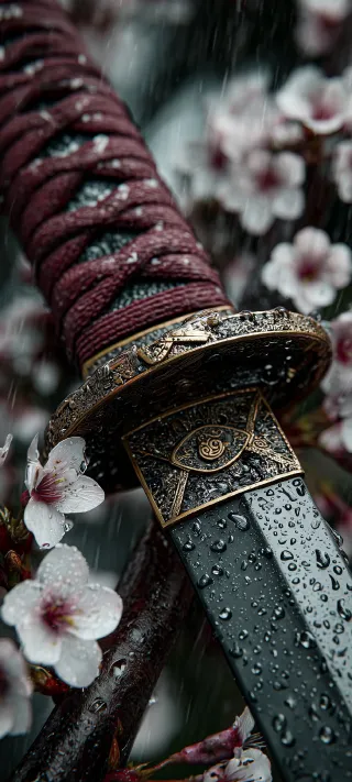 Katana, Rain & Flowers phone wallpaper