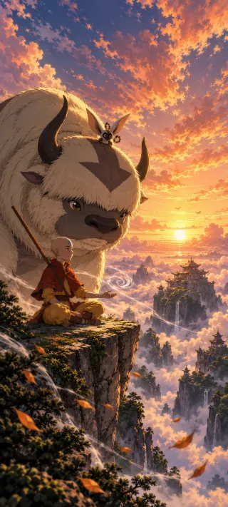 Aang, Appa and Momo phone wallpaper